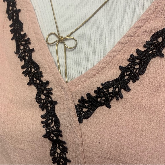 Pink Crepe Wrap Blouse with Black Lace Detailing and Ruffle Sleeves - Picture 5 of 9